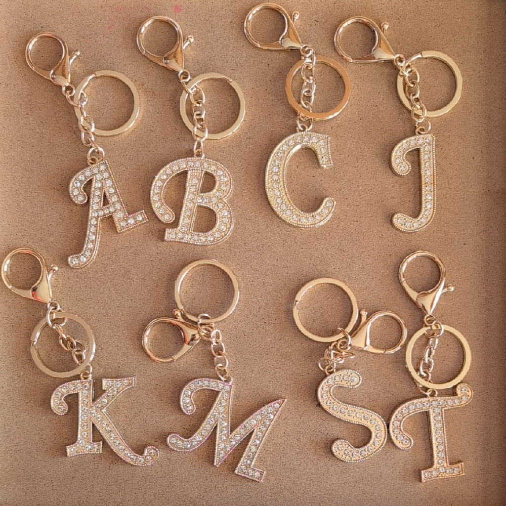 Gold Initial Rhinestone Keychain Bag Charm Choices: A B C J K M S T